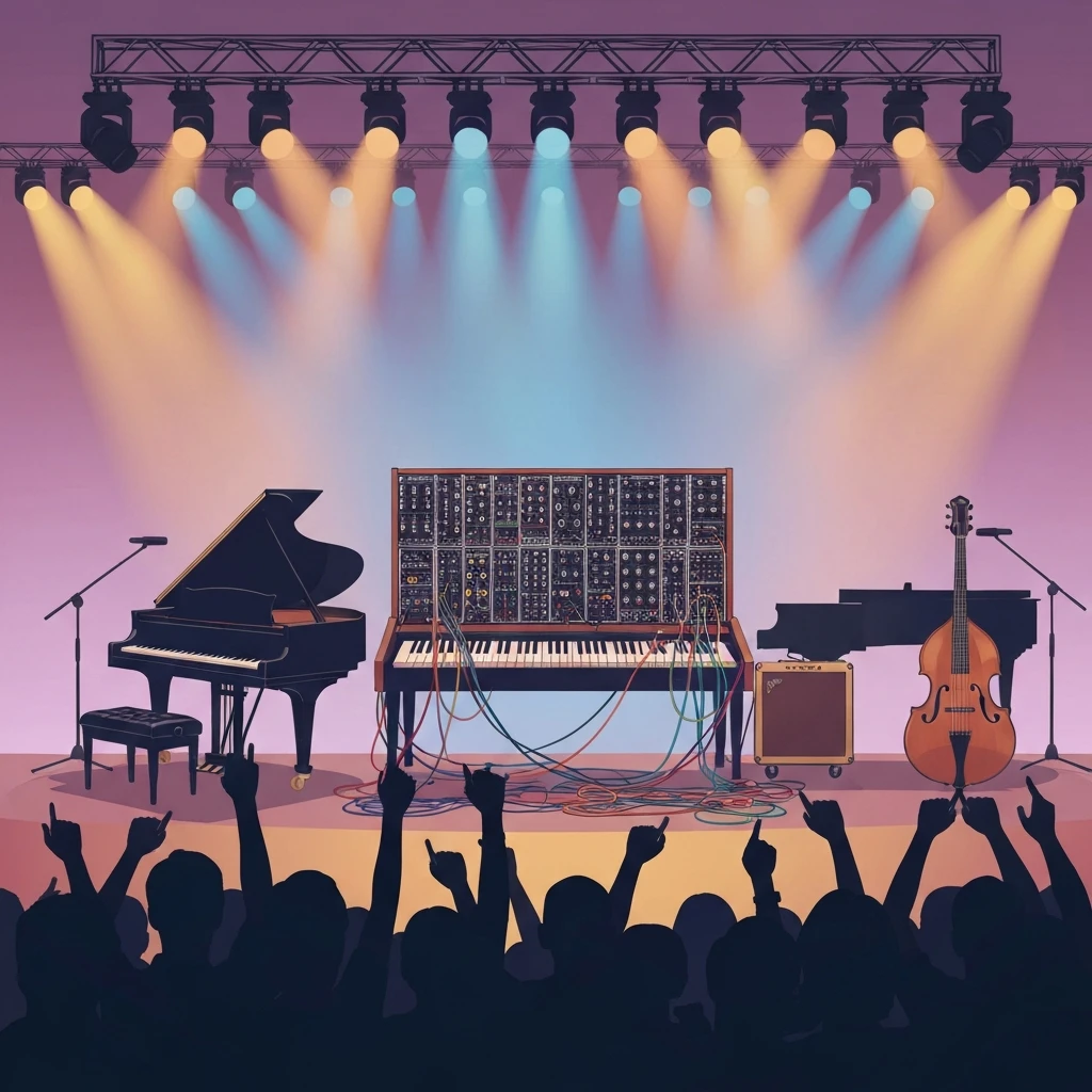 Vintage 1970s progressive rock stage setup illustrating the welcome back my friends era of ELP.