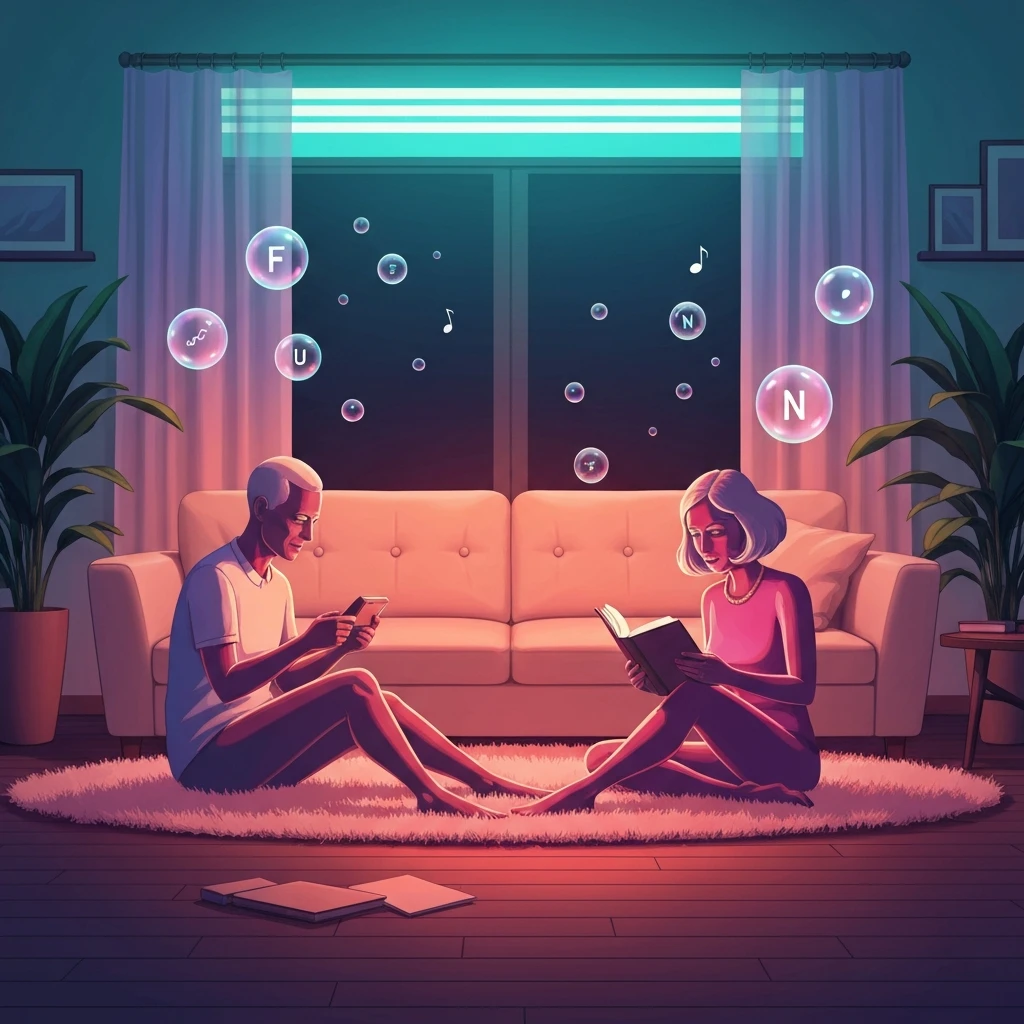 Two young adults practicing the f is for friends who do stuff together philosophy through parallel play in a cozy digital room.