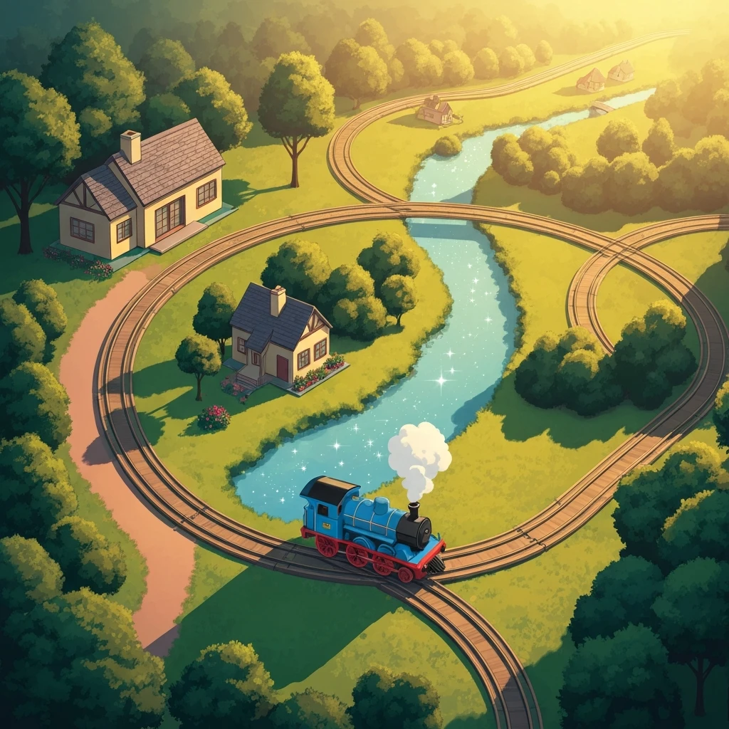 A nostalgic miniature toy train scene representing the peaceful world of the thomas and friends theme song.