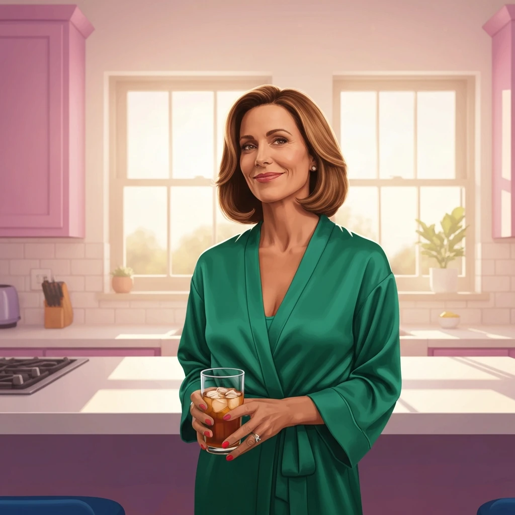 A sophisticated older woman in a sunlit kitchen, representing the allure and mystery behind the moms friend naked search trend.