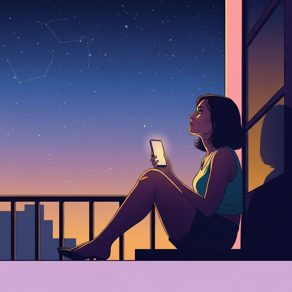 A woman looking at the night sky reflecting on how friends are like stars.