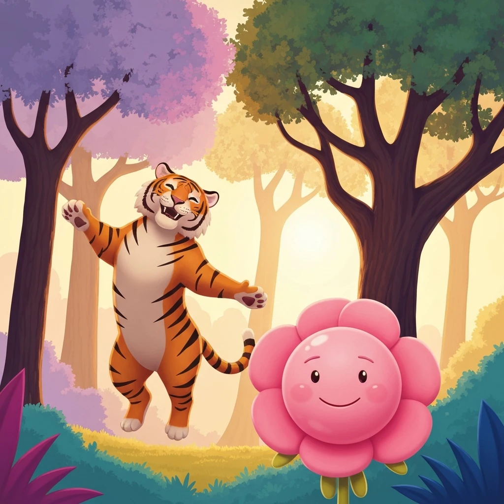 A surreal crossover scene featuring tigger's best friend foofa in a nostalgic sun-drenched forest.