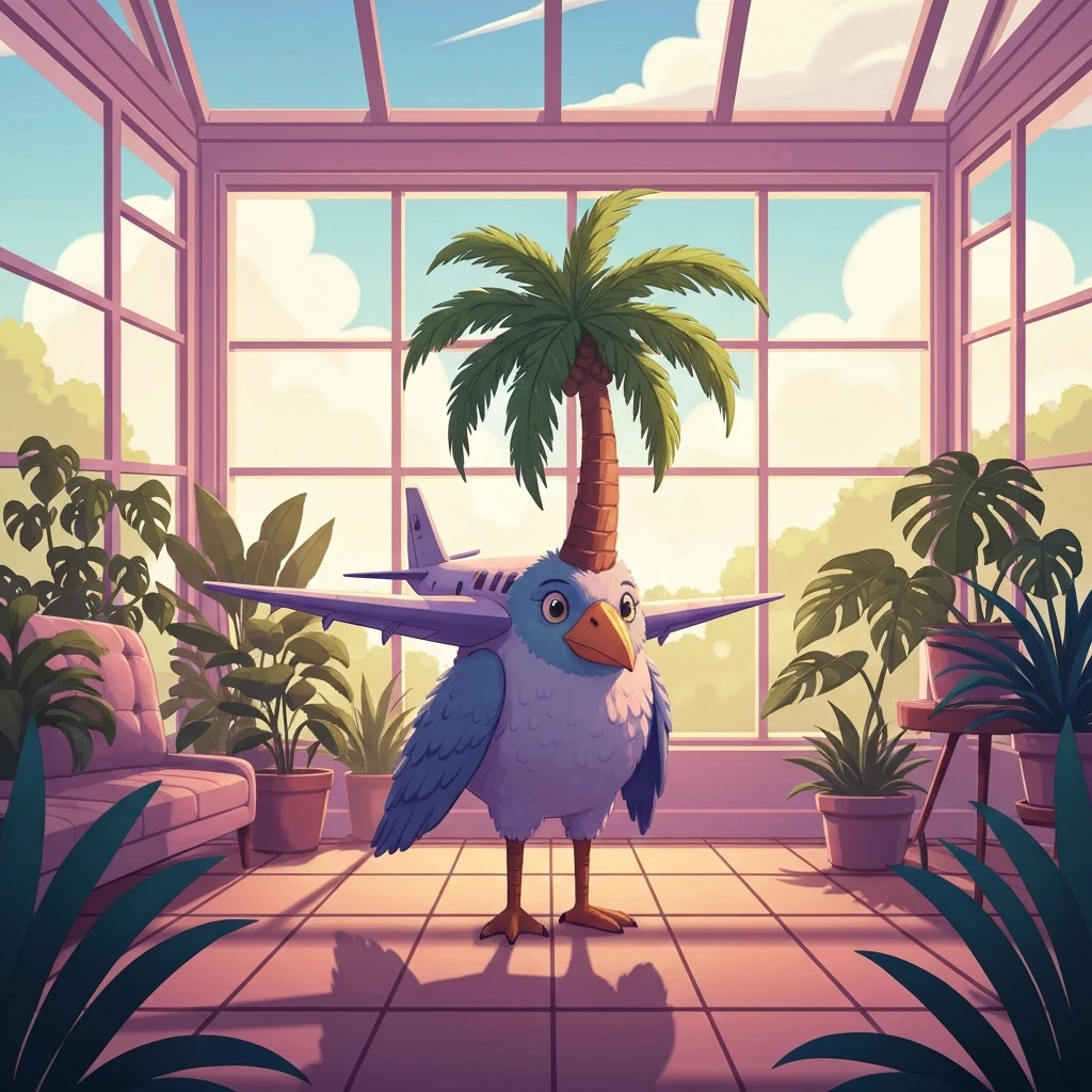A highly detailed digital illustration of coco foster's home for imaginary friends in a whimsical sunroom.