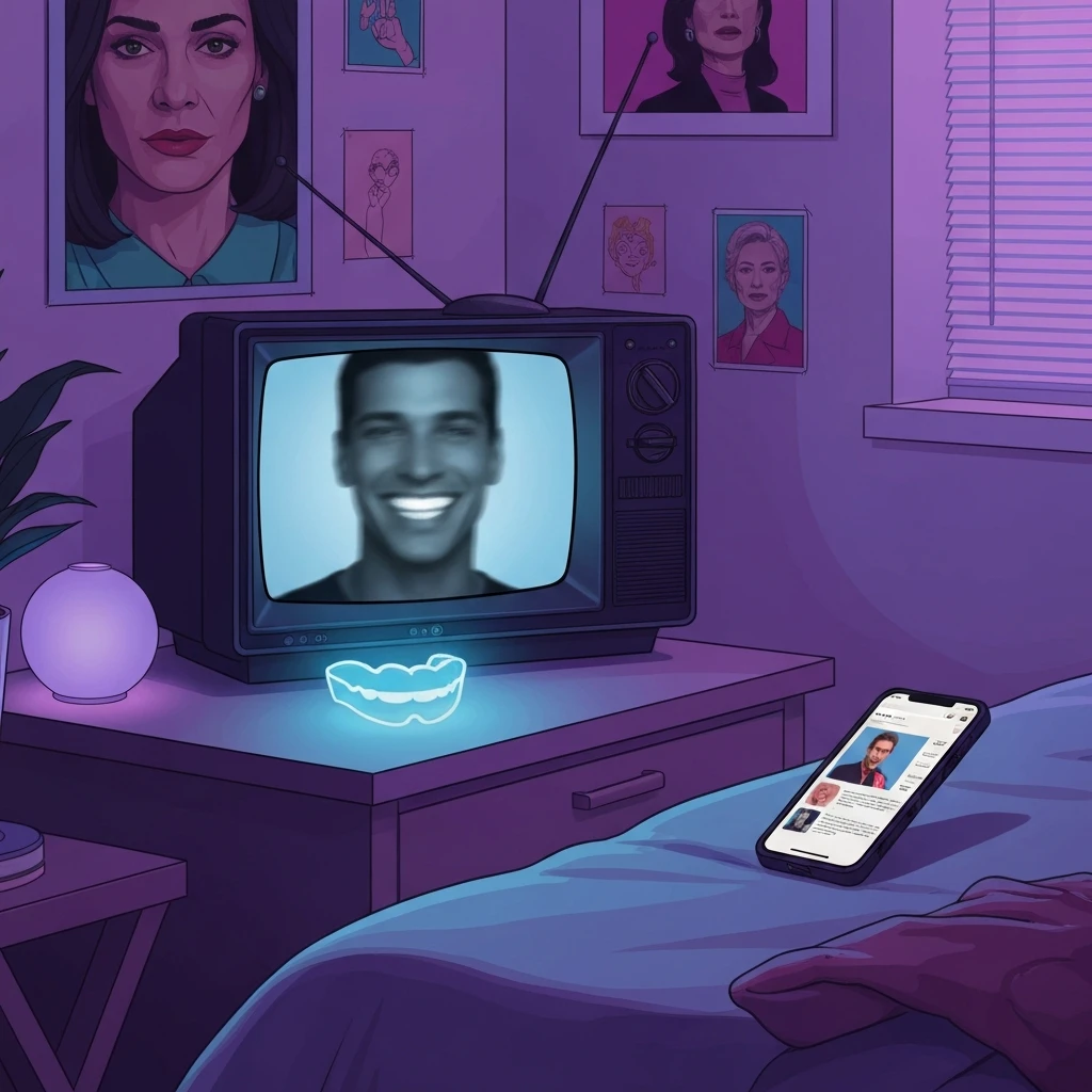 A nostalgic Gen Z room setup referencing the friends ross white teeth episode with a glowing smile aesthetic.