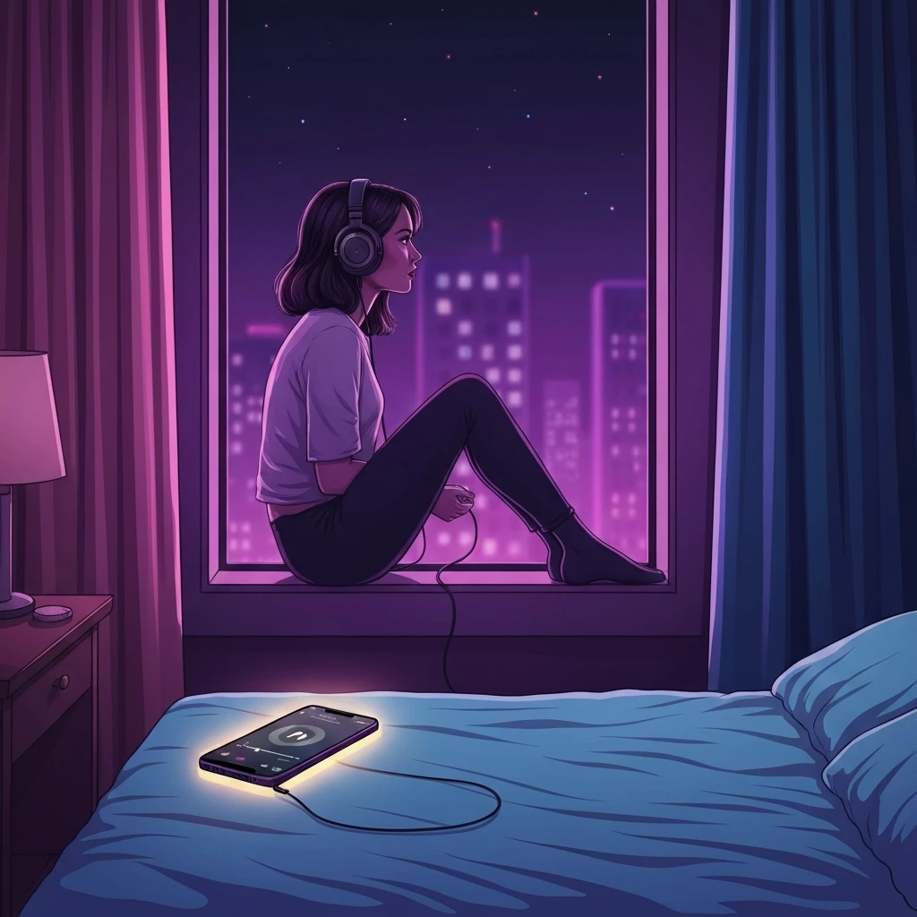 A lonely young woman listening to songs about losing a best friend in a neon-lit bedroom.