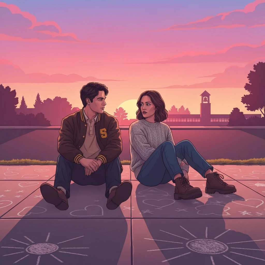 Two friends sitting together under a pink sky reflecting the it's nice to have a friend lyrics