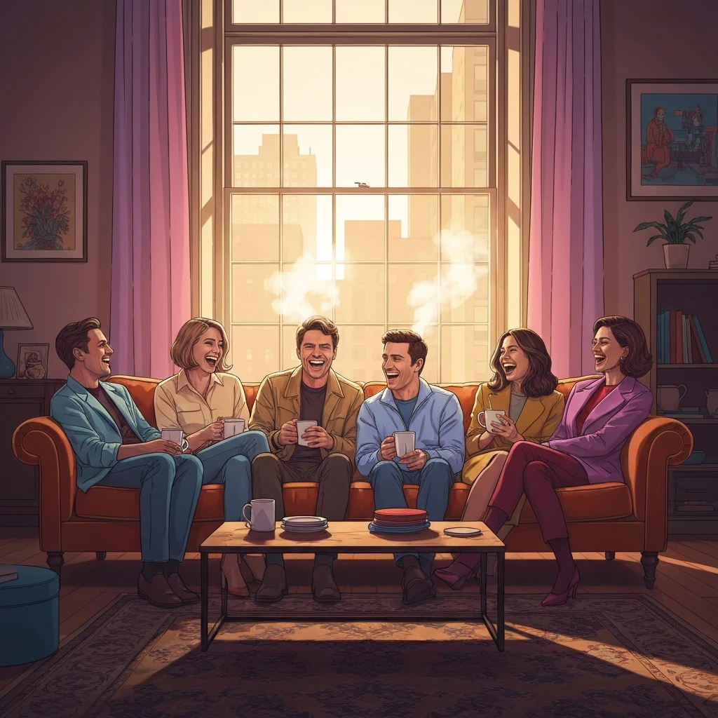 A group of young adults laughing on a sofa in a setting evocative of a tv series similar to friends