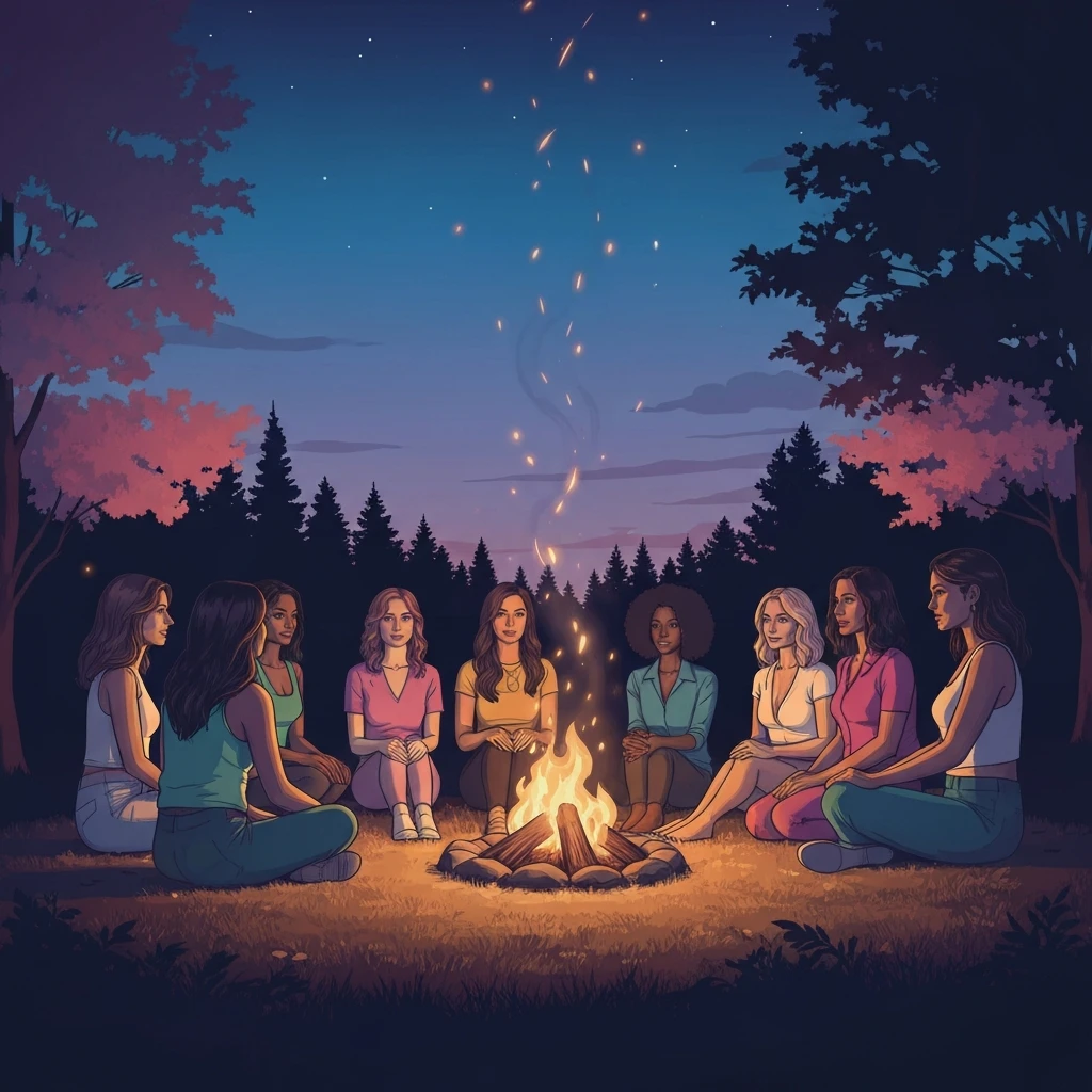 A group of women in a supportive circle manifesting through a prayer for friends under a starry sky.