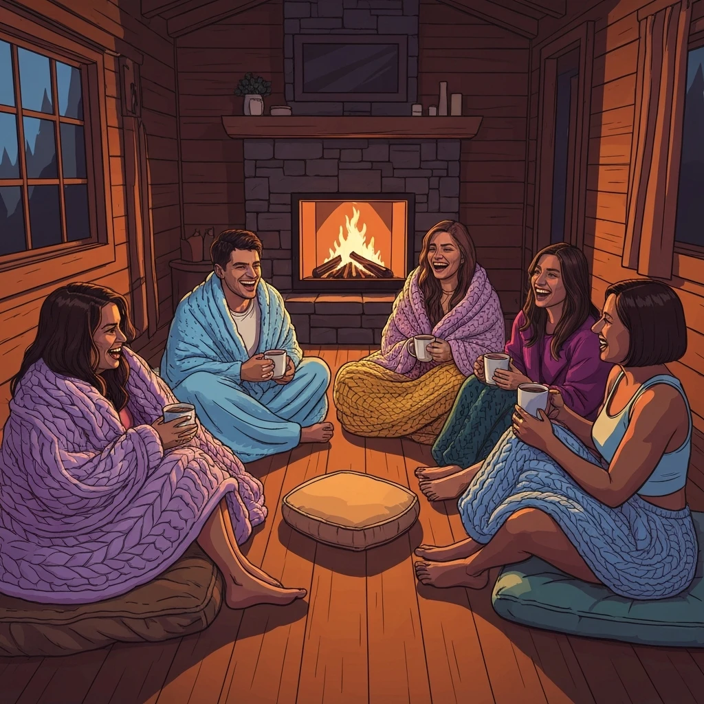 A group of young adults laughing together in a cabin, illustrating the deep trust required to get naked with friends emotionally and physically.