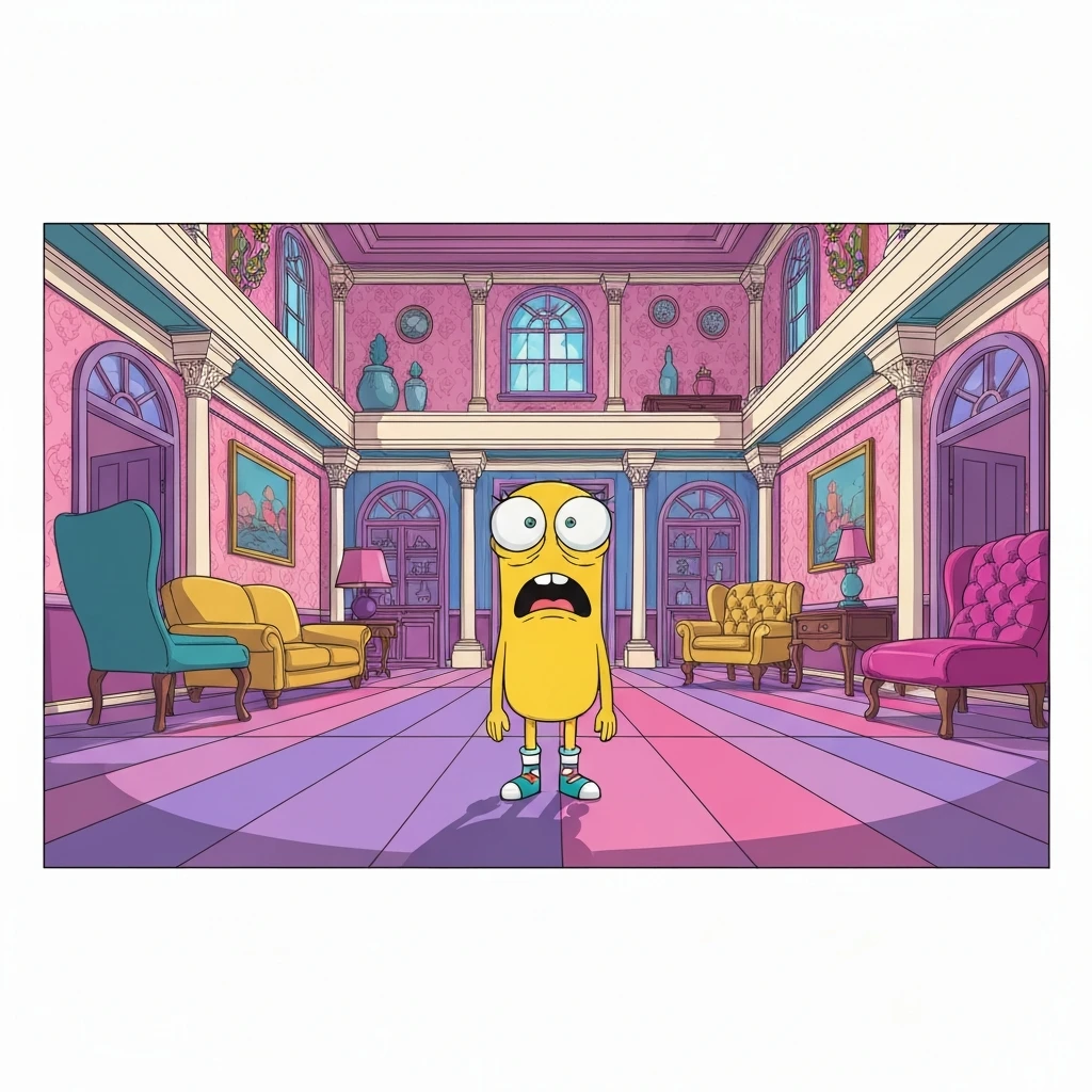 The iconic character Cheese fosters home imaginary friends standing in the mansion hallway looking chaotic and nostalgic.