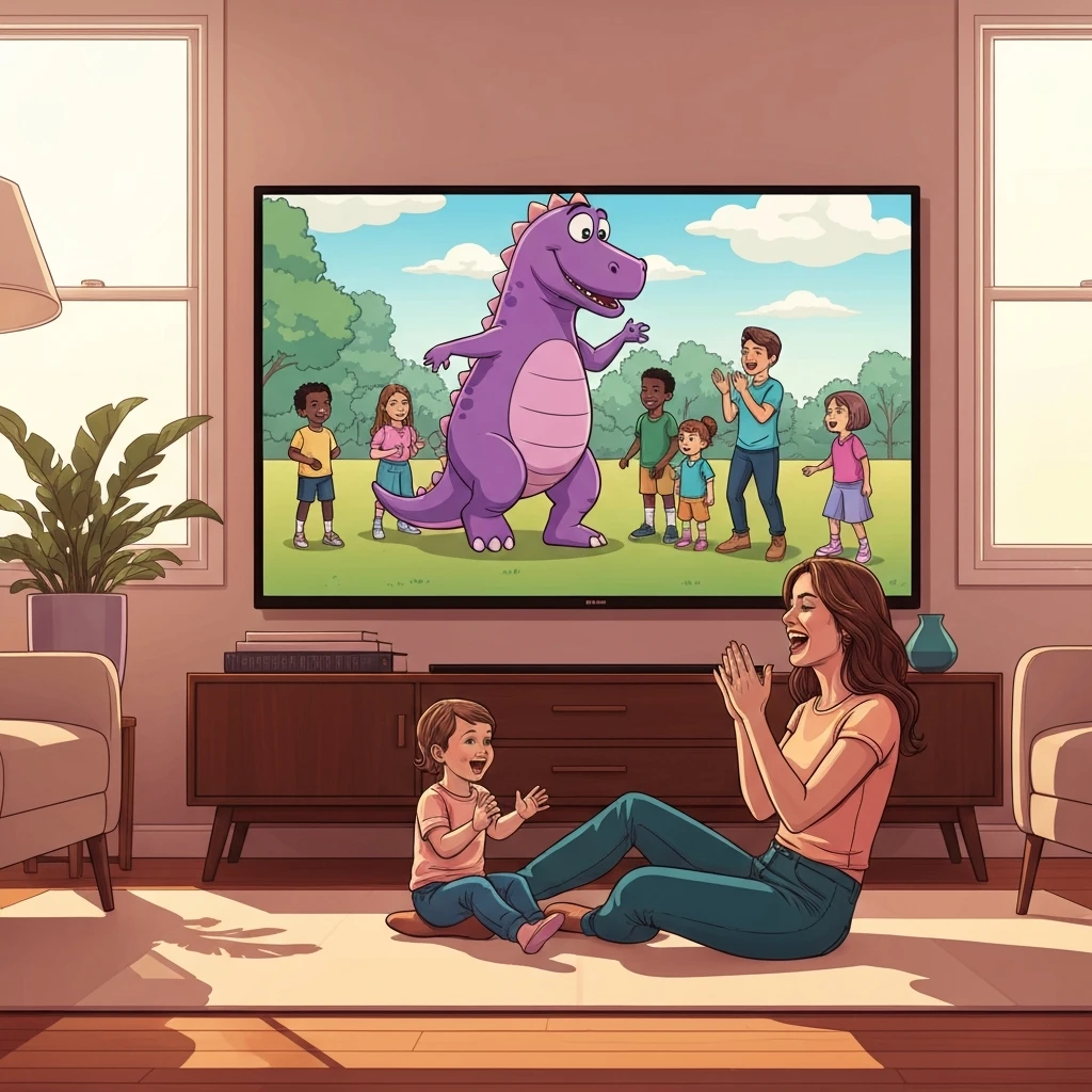A mother and toddler engaging with barney and friends sing and dance in a cozy home setting.