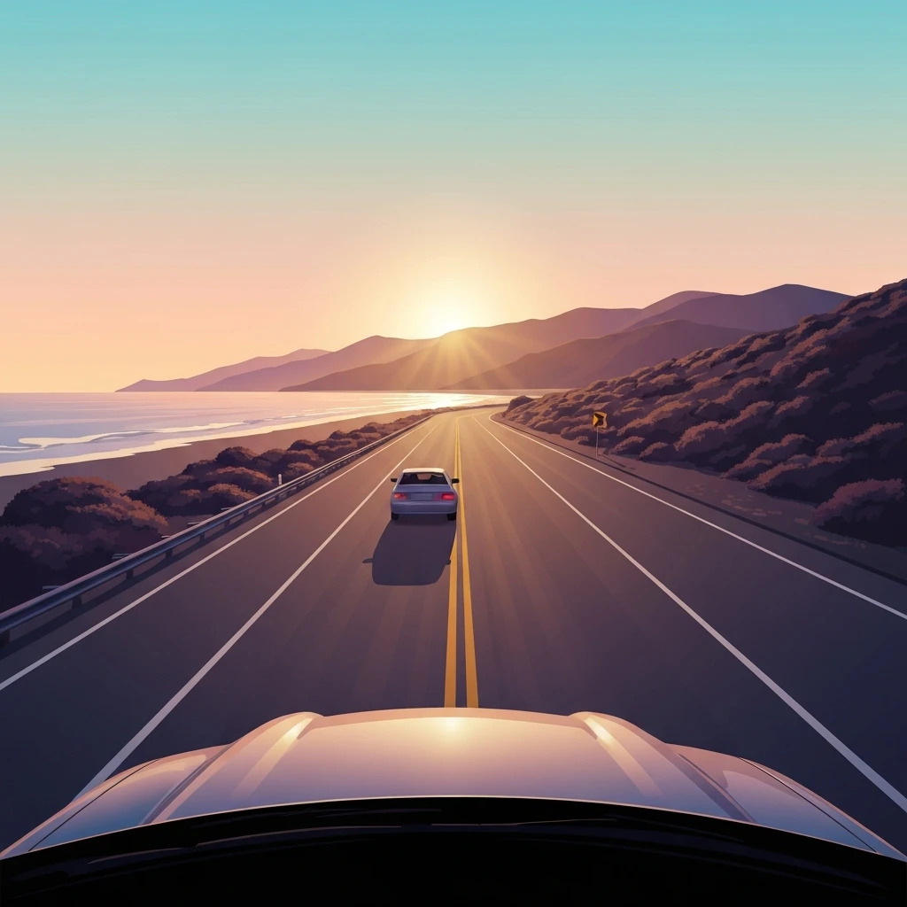 A lone car on a coastal highway at sunset, representing the See You Again lyrics meaning missing a friend and the journey of processing grief.