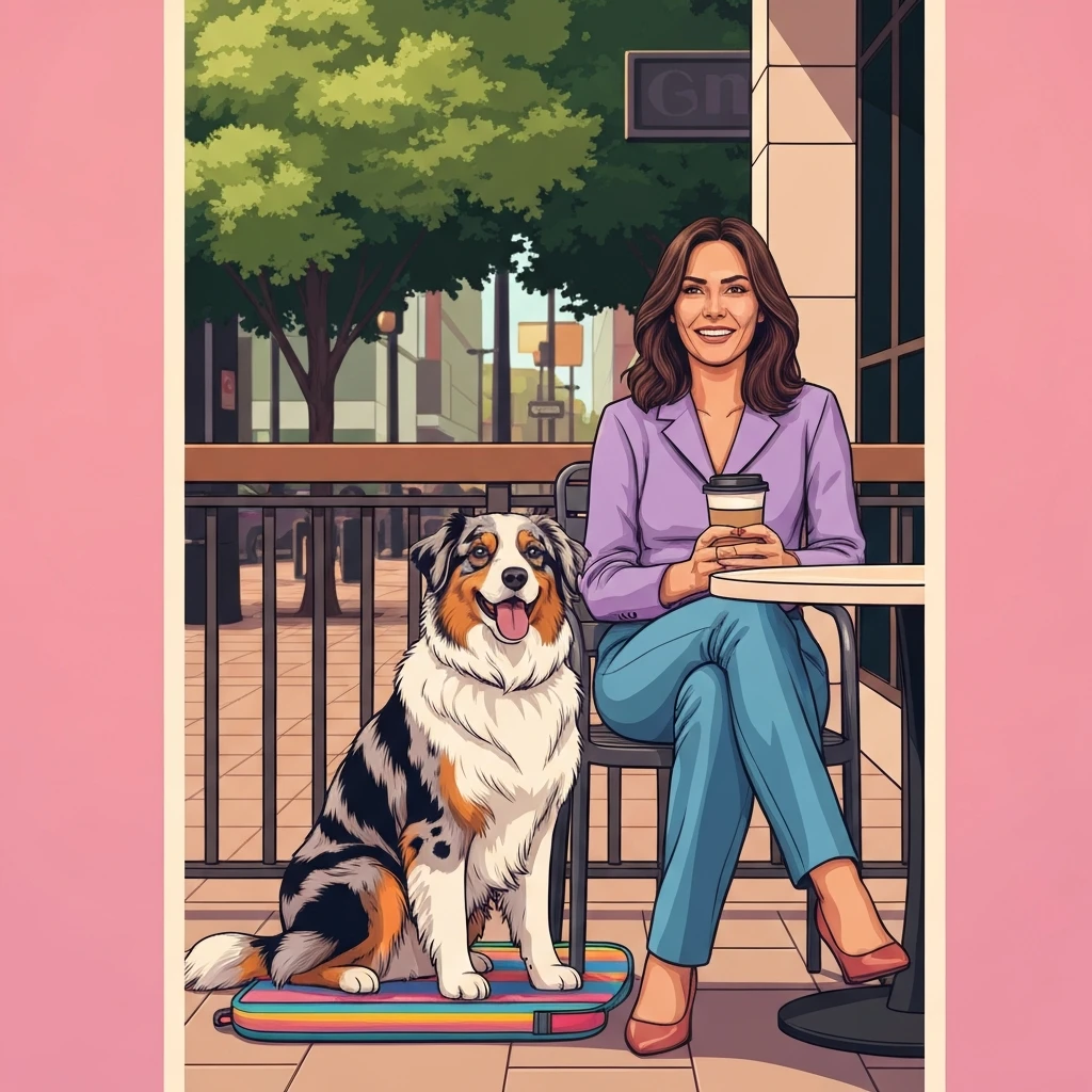 A woman and her dog enjoying various pet friendly activities near me at a sunny outdoor cafe.