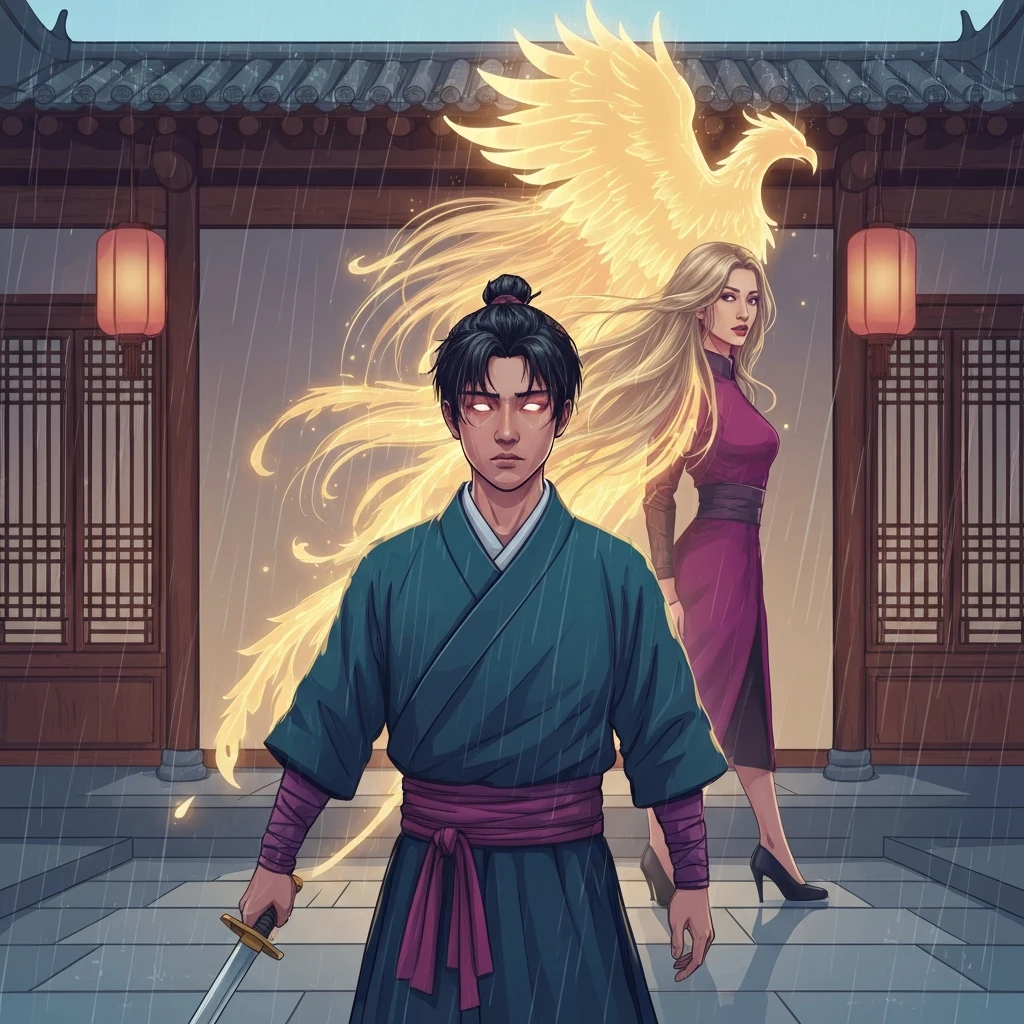 A dramatic scene from Childhood Friend of the Zenith featuring Gu Yangchun and the Sword Phoenix.