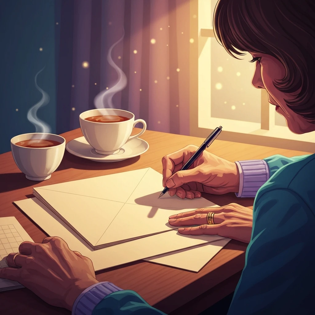 A person hand-writing a letter for sending condolences to a friend in a warm, sunlit room.