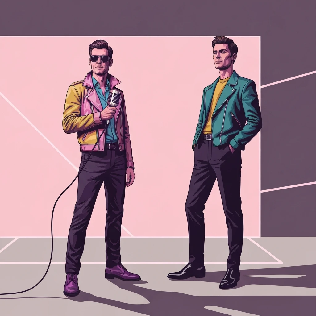 Two young men embodying the cool and confident energy of small world all her friends know me lyrics in a neon-lit studio.