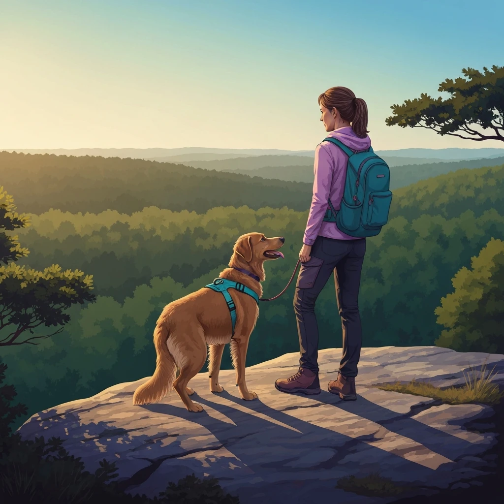 A woman and her dog enjoying a scenic view after searching for hiking near me dog friendly trails.