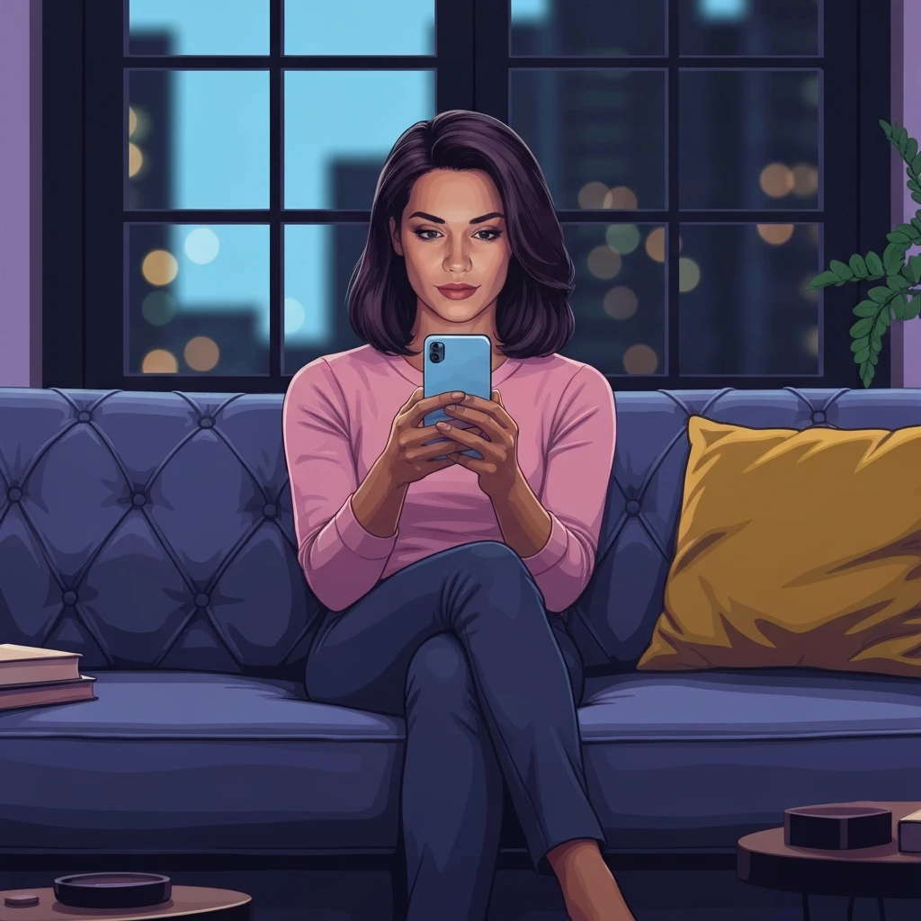 A young woman using her phone to learn how to check facebook sent friend requests in a stylish apartment.