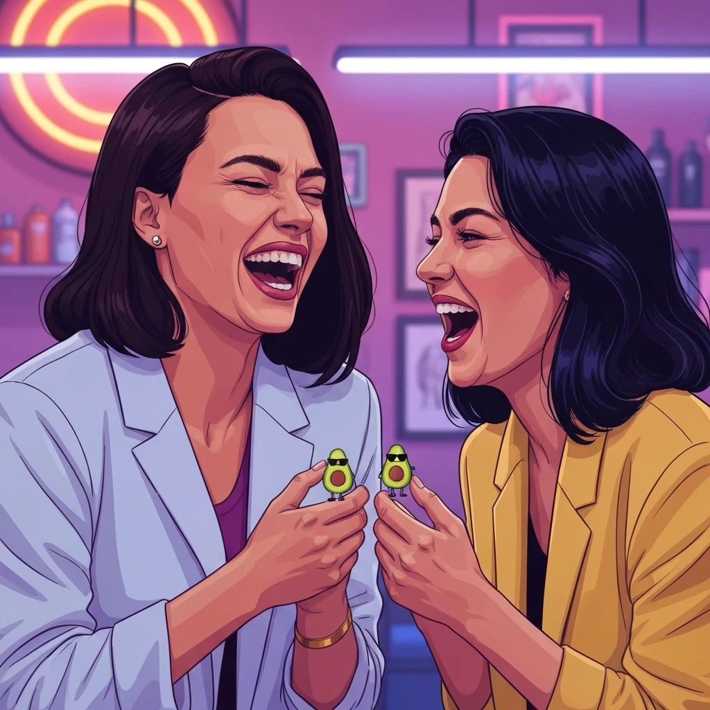 Two young women laughing and showing off their funny best friend tattoos of an avocado in a suit.