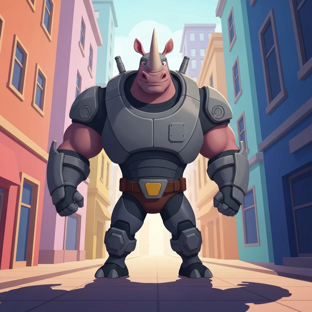 A friendly and stylized 3D depiction of the character Rhino Spidey and his Amazing Friends in a colorful cityscape.