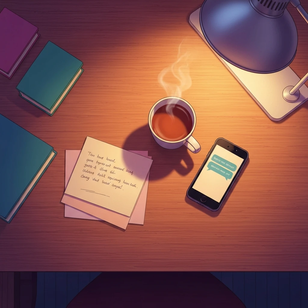 A handwritten condolence message to a friend resting on a wooden desk with a warm cup of tea.