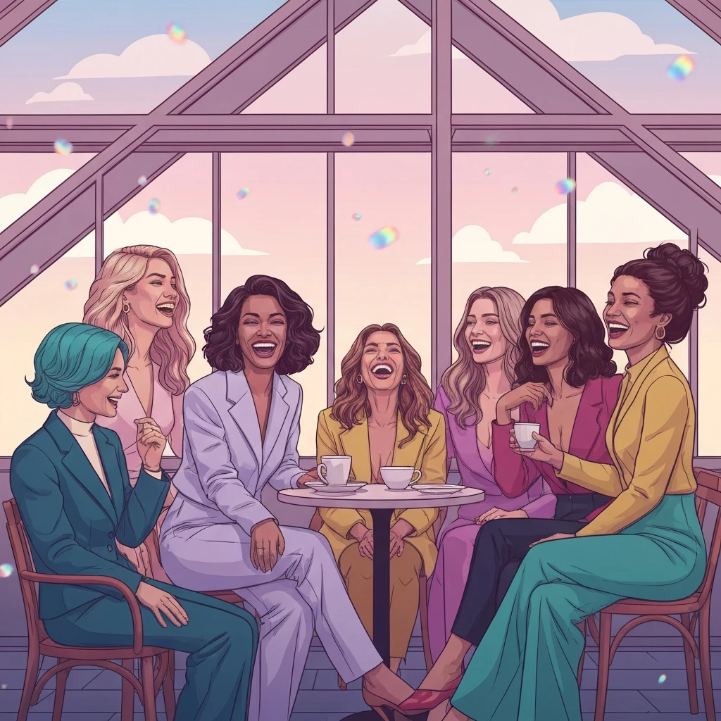 A group of diverse young women laughing together in a cinematic aesthetic setting, representing the perfect friends png vibe for manifestation.