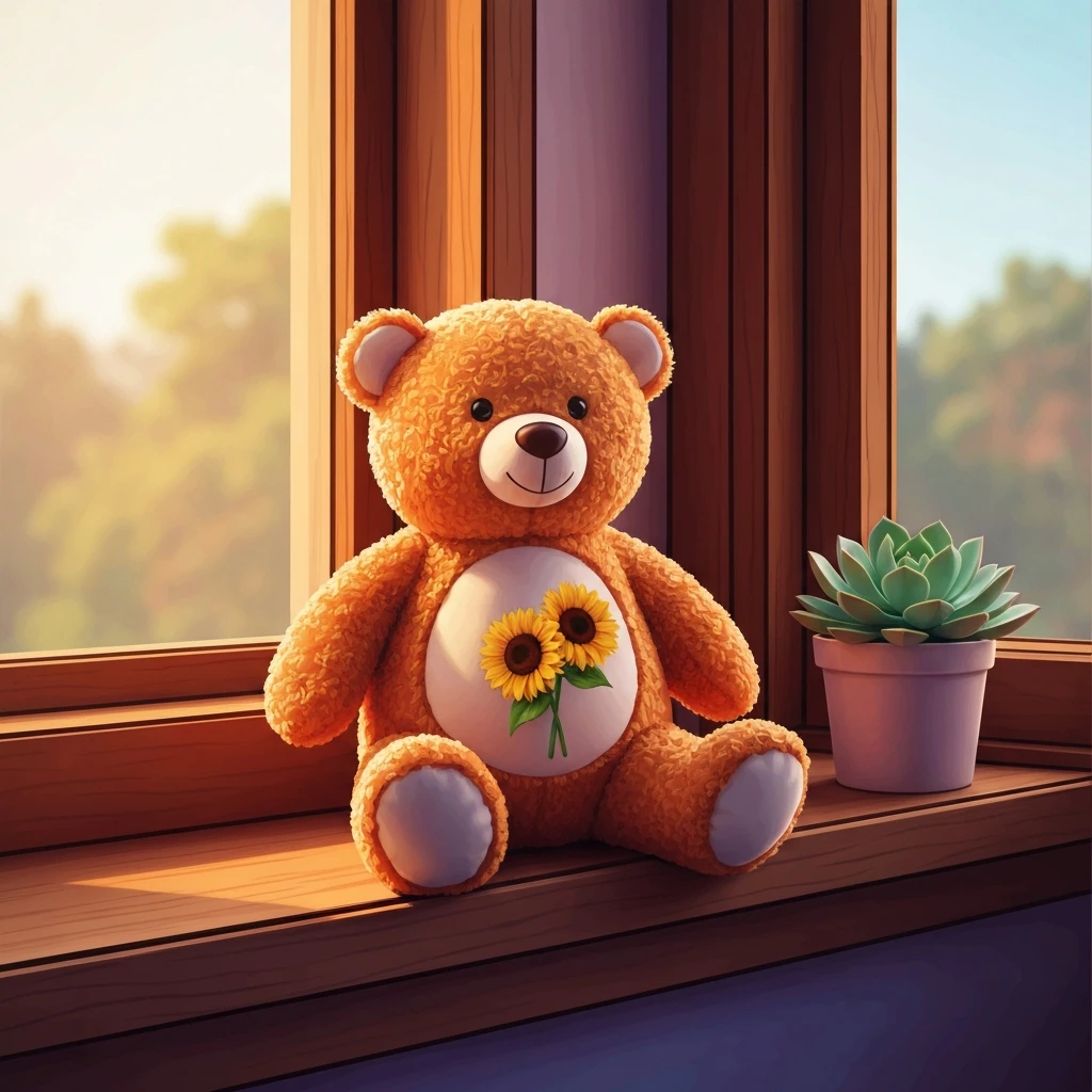 A vintage friend bear care bear with orange fur and a sunflower belly badge sitting in the sunlight.