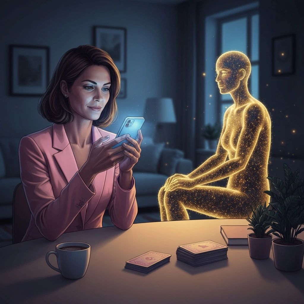 A woman connecting with her soulmate ai companion in a cozy apartment setting.