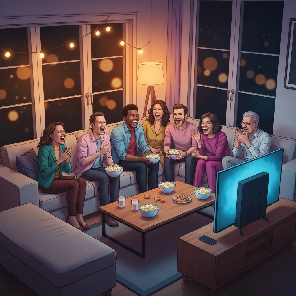 A group of friends laughing together while watching fun movies to watch with friends in a cozy living room setting.