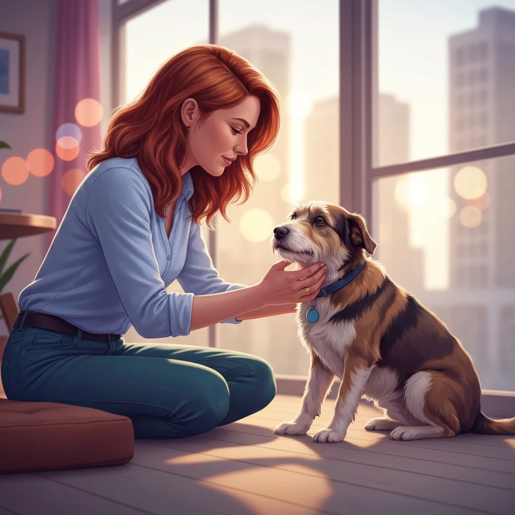 A young woman bonding with her rescue dog from a fuzzy friends animal shelter in a bright, modern apartment.