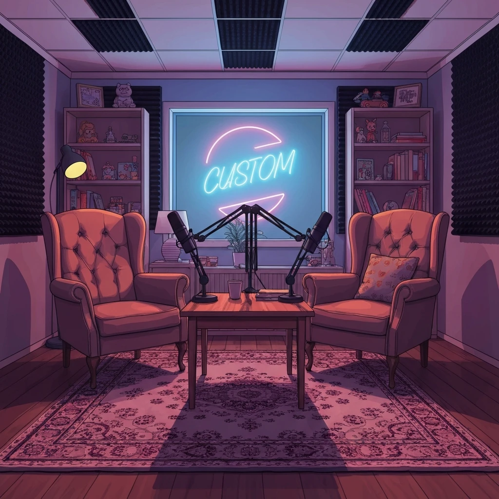 A cozy and intimate shane and friends podcast set featuring neon lights and comfortable seating for authentic conversation.