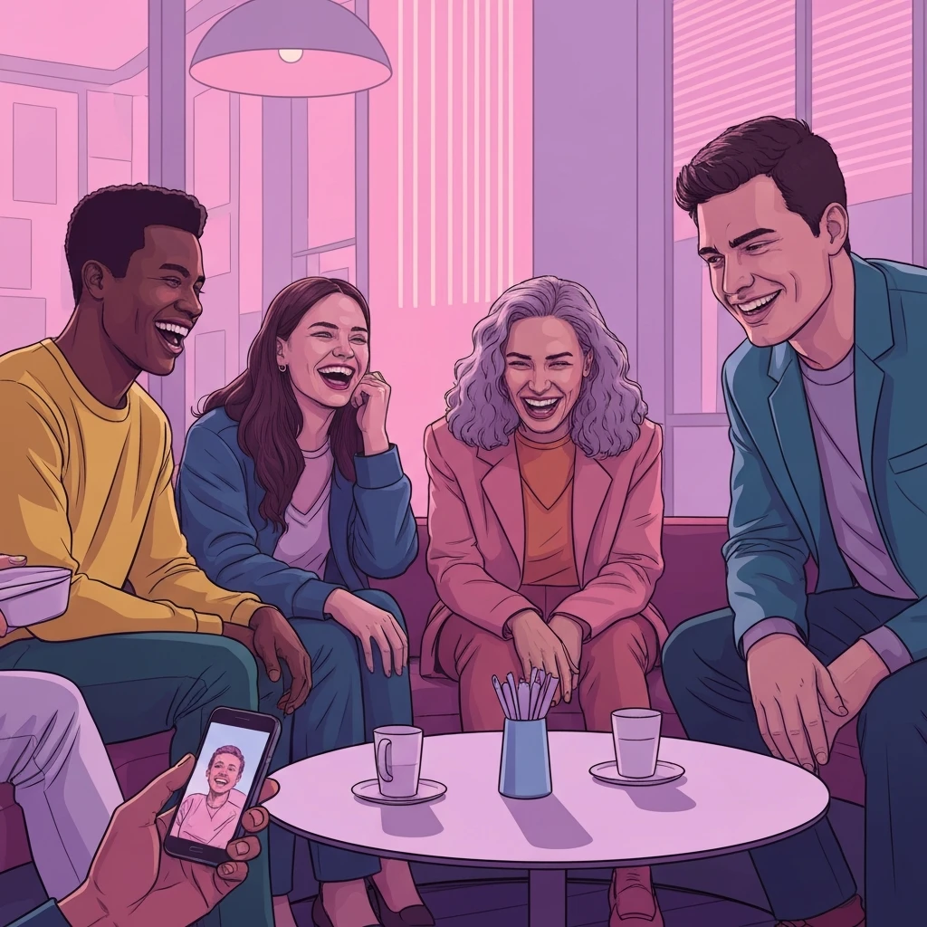 A group of diverse friends laughing together while sharing funny friends quotes on a phone in a trendy lounge.