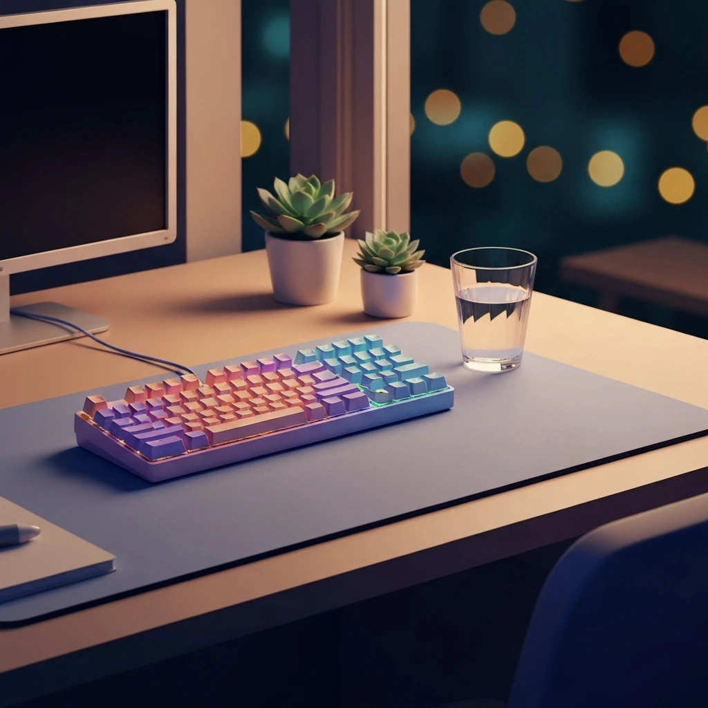 A stylish desk setup featuring a budget friendly mechanical keyboard with pastel keycaps and soft RGB lighting.