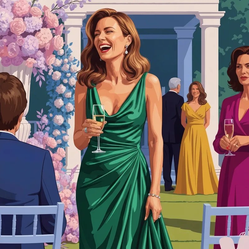 A woman wearing one of the most elegant satin wedding guest dresses at a formal garden ceremony.