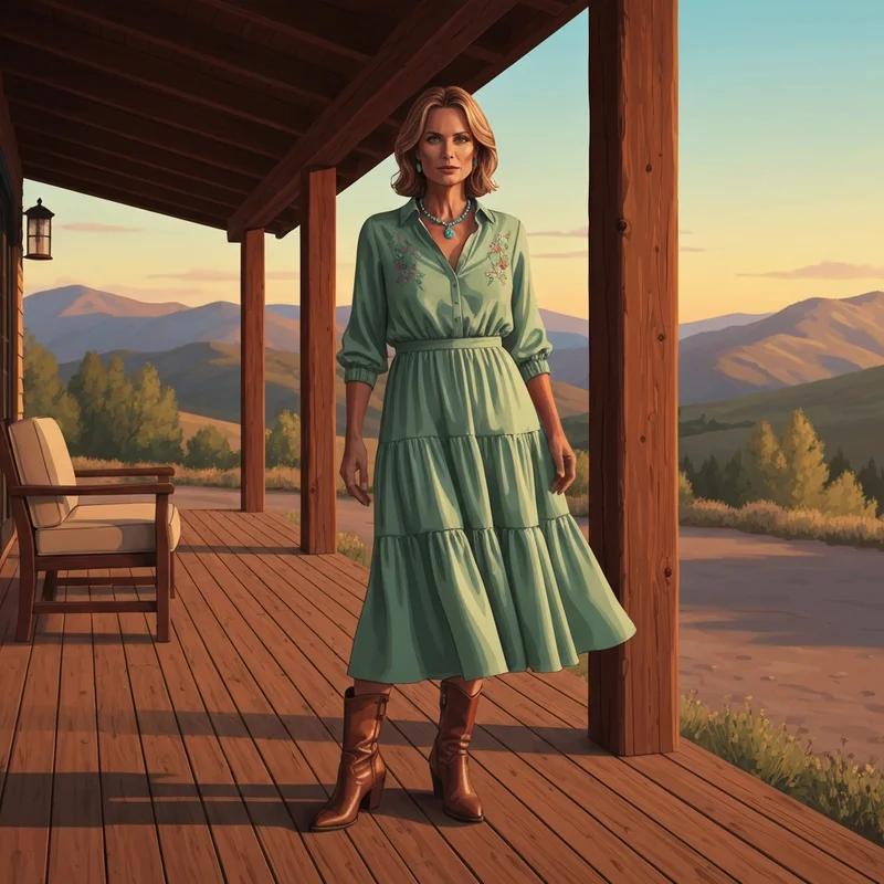 A woman styling western wedding dresses for guests at a luxury ranch wedding.