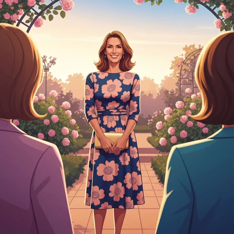 A woman wearing sophisticated floral guest wedding dresses at a garden venue