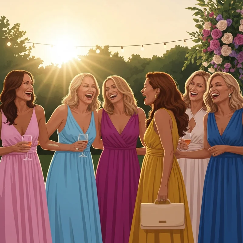 A group of friends wearing the perfect june wedding guest dress at a beautiful outdoor summer ceremony.