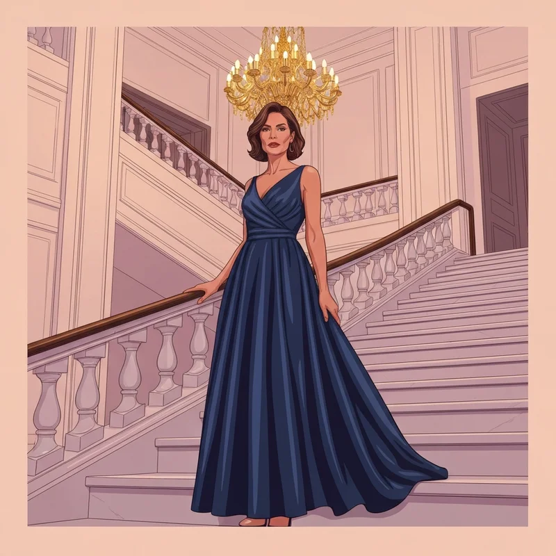 A woman wearing one of the most elegant dresses for night wedding guest appearances in a luxury ballroom setting.