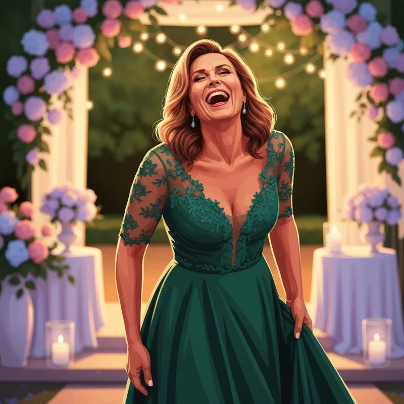 A woman wearing one of the most stylish plus size wedding guest dresses at an outdoor evening celebration.