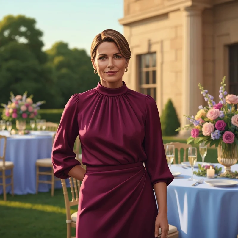 A woman wearing a sophisticated burgundy red dress wedding guest outfit at an outdoor ceremony.