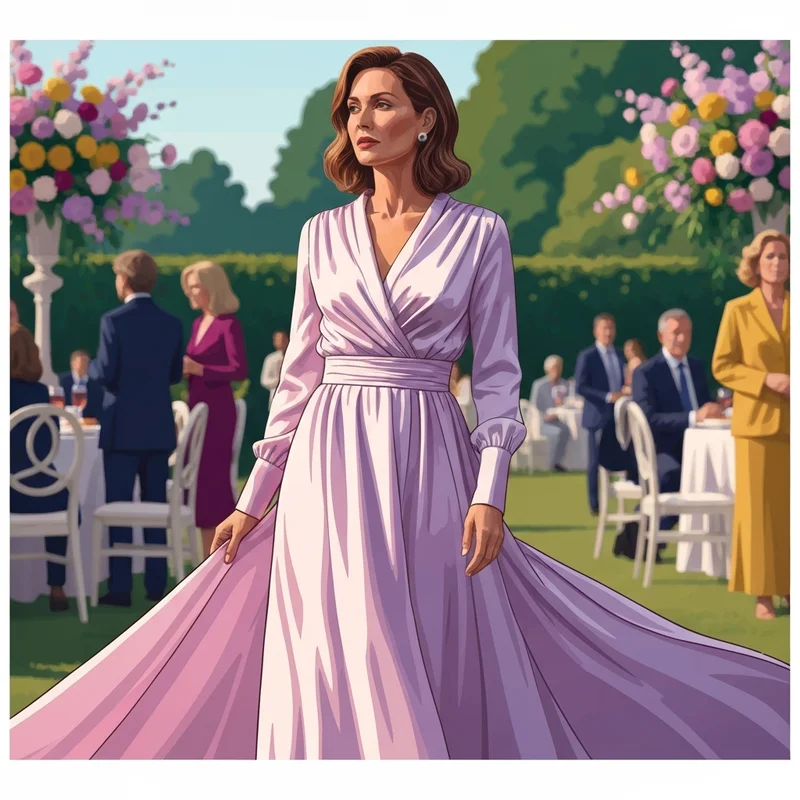 A sophisticated woman wearing a stunning wrap dress wedding guest outfit at an outdoor garden ceremony during golden hour.