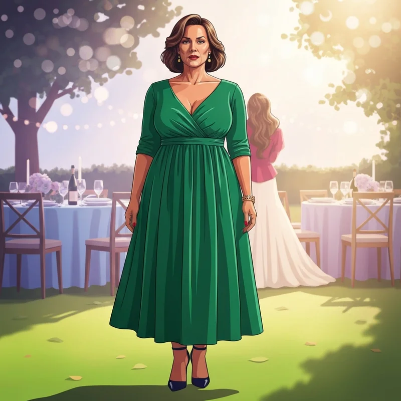 A woman wearing a stunning women plus size dress for wedding guest in emerald green at a garden party.