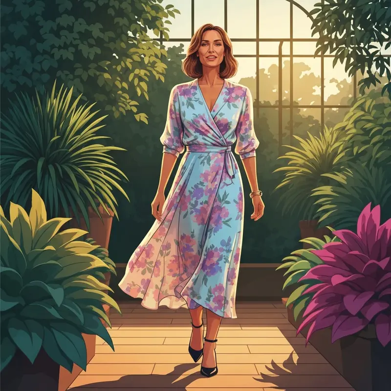 A stylish woman wearing one of the best spring dresses for wedding guest options in a sunlit garden setting.