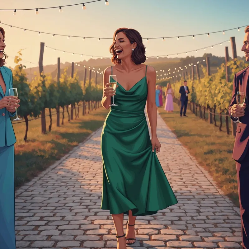 A woman wearing one of the best wedding guest dresses midi at a vineyard ceremony.