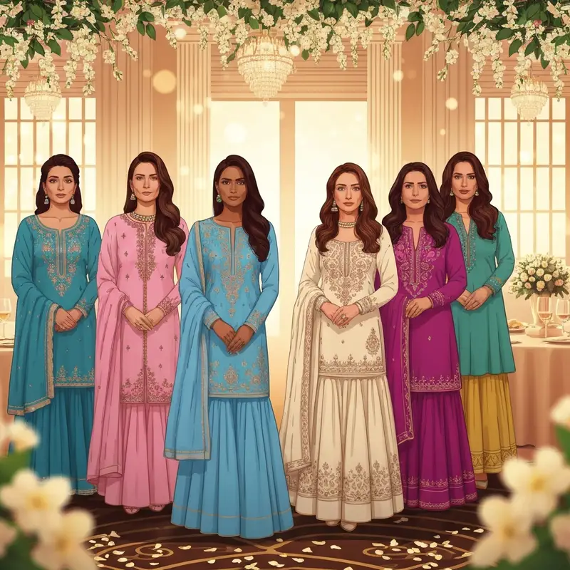 A group of women wearing elegant pakistani wedding guest dresses at a festive celebration.