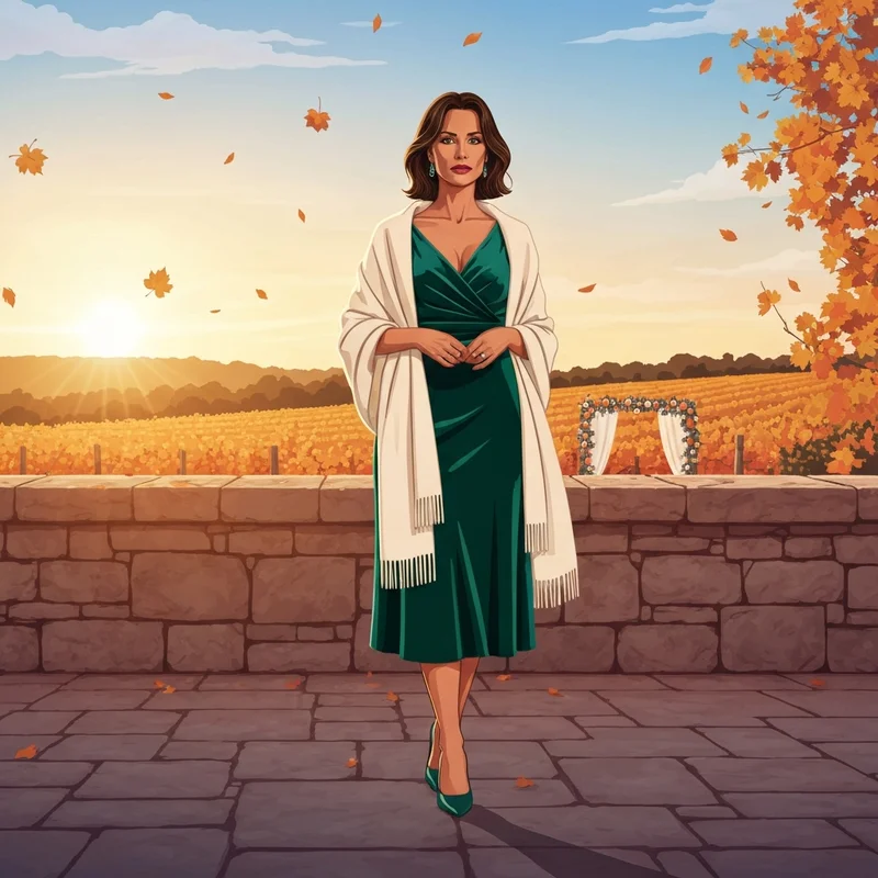 A woman wearing one of the best october wedding guest dresses in emerald velvet at a fall vineyard wedding.