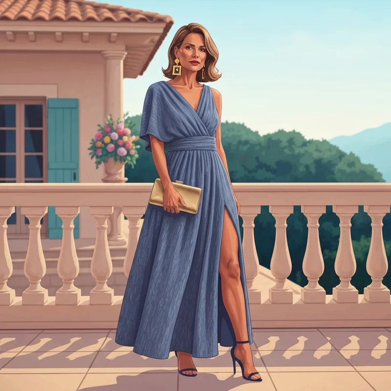 Sophisticated woman wearing one of the best dusty blue dresses for wedding guest at a sun-drenched villa.