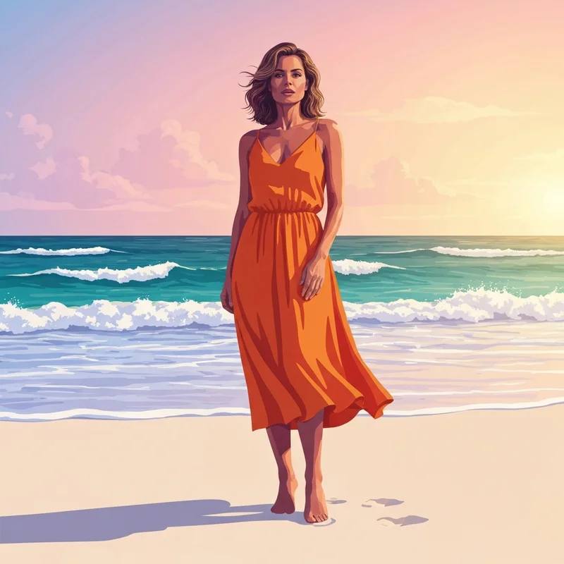 A woman wearing one of the best tropical wedding guest dresses on a beach at sunset.