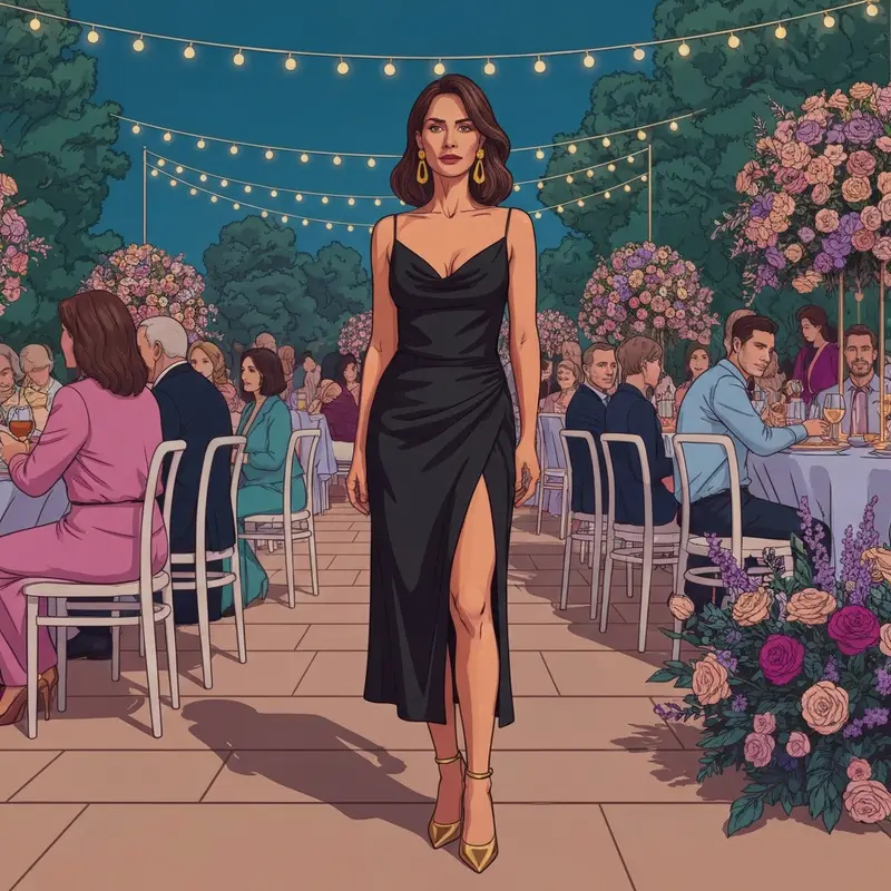 A stylish black dress wedding guest wearing a silk gown and gold accessories at an evening ceremony.