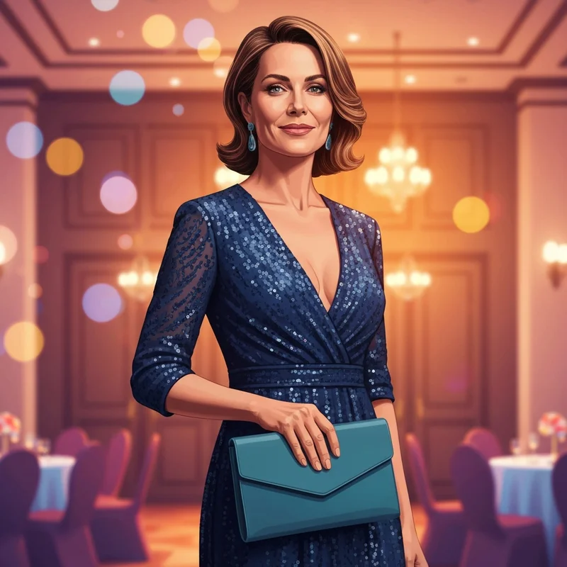 A woman wearing a sophisticated navy sequin wedding guest dress in a formal ballroom setting.